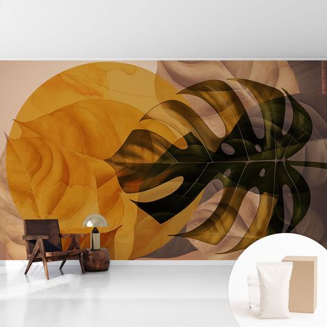 Tapete Vliestapete mit Kleber - abwaschbar - Tapete mit Motiv - trendige Wanddeko - elegant Fototapete  Abstrakte Blätter 416x254 cm