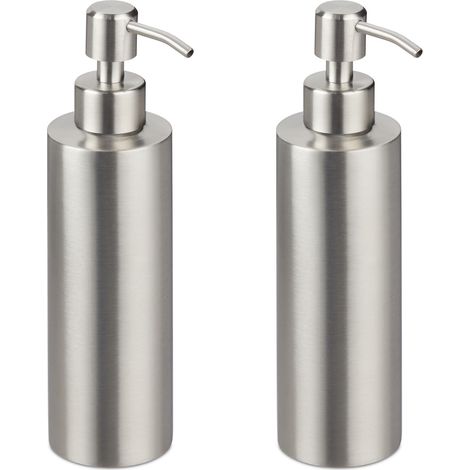 Relaxdays Seifenspender 2x, 300ml, Edelstahl, nachfüllbar, Seife, Duschgel, Badezimmer, Küche, Handseifenspender, silber