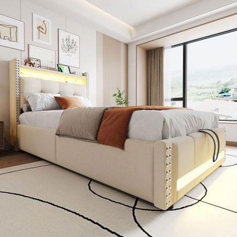 Lit coffre - SOGEU - 90x200 - Tissu lin beige - LED intégrée & port USB - Sommier inclus (1/5)