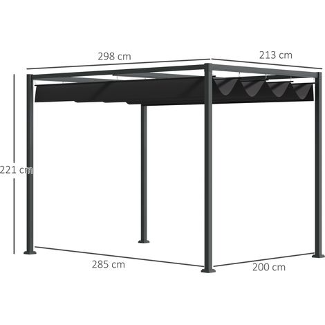 Pergola pavillon noir gris métal polyester à toit coulissant anti-UV étanche, 298x213x221cm, design moderne spacieux jardin terrasse (1/5)