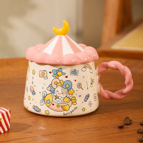 Mug à café en céramique à motif carrousel avec couvercle, idéal pour les boissons maison au petit-déjeuner ou comme cadeau d'anniversaire.