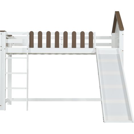 Cama alta infantil con tobogán, techo y ventana, 90x200 cm, blanco/nogal (1/5)