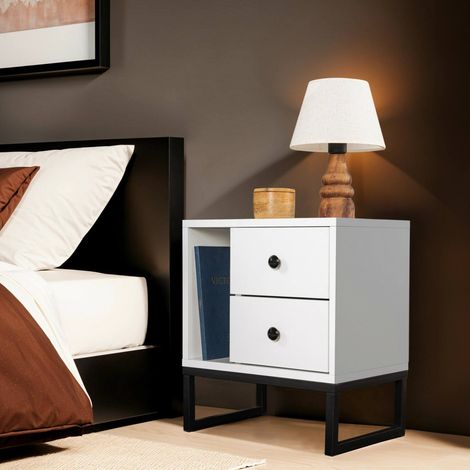 Dmora - Comodino Predazzo, Comò basso, Tavolino da notte, Mensola da letto, 45x30 h50 cm, Bianco e Nero (1/5)