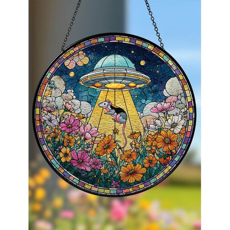 Attrape-soleil 12,5cm opossum OVNI en vitrail, décoration de fenêtre originale (1/5)