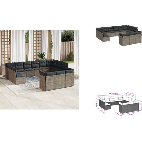 The Living Store 13-tlg. Garten-Sofagarnitur mit Kissen Grau Poly Rattan - Gartensessel (1/3)