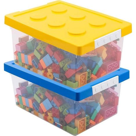 Aufbewahrungsbox Spielzeug mit Deckel, 2 Stück stapelbar, Kunststoff, Blau & Gelb (1/5)