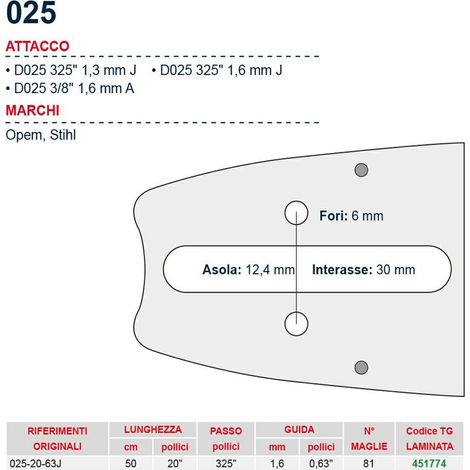 Barra motosega 50 cm - 20" passo .325" Spessore 1.6 mm - .063" attacco 025 - 451774