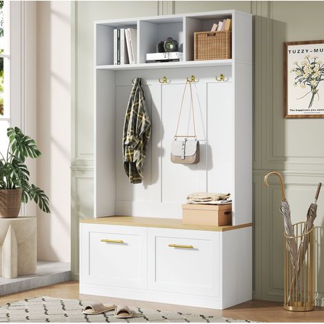 Mueble de entrada 2 puertas, 105x40x180 cm, con banco, estantes, perchas y almacenaje de zapatos, blanco y natural (1/5)