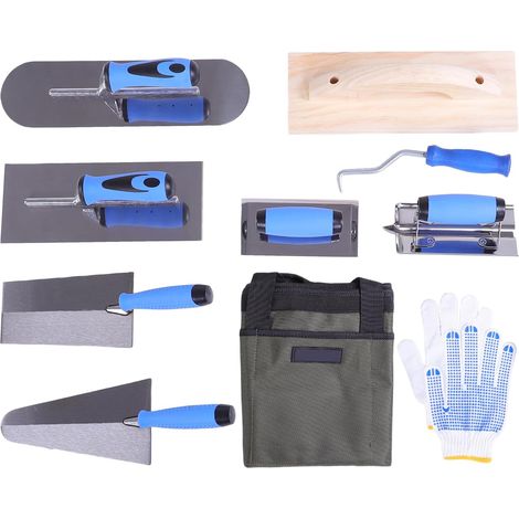 Lot de 10 pièces de maçonnerie avec truelle d'angle, truelle de maçonnerie, crochets d'armature, gants et sac de rangement pour travaux de béton, carrelage et plâtre (1/5)