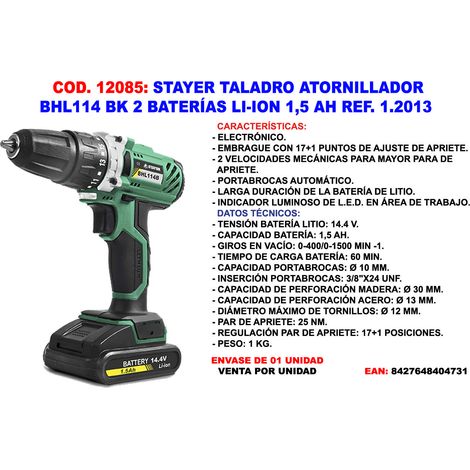 Stayer BHL114 BPK Perceuse Visseuse 2 Batteries Li-Ion 1,5 Ah