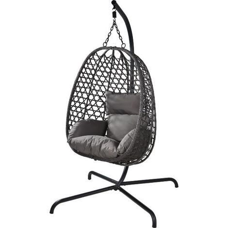 PROGARDEN silla colgante ratan gris oscuro , Silla colgante de ratán en color gris oscuro, ideal para crear un espacio de relax en jardines, terrazas, balcones o interiores. Su dis