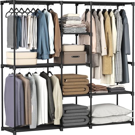 Armoire de Rangement, Penderie Pliable, Dressing, Armoire Métallique, avec Barres de Suspension, Porte-vêtements, pour Vestiaire, Chambre, 182 x 43 x 182 cm, Noir d'encre RYG037B02 (1/5)