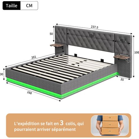 Comanlai - Lit adulte 160x200 cm avec Éclairage LED RGB et Prises USB/Type-C, Lit Rembourré Lit Coffre avec Grande Tête de lit et Rangement - Lin - Gris (1/5)