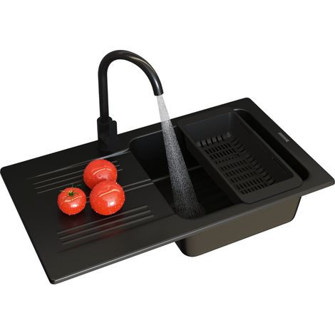 ÉVIER EN GRANIT ÉVIER À UN BAC ADA MITIGEUR NOIR PANIER SIPHON (1/5)