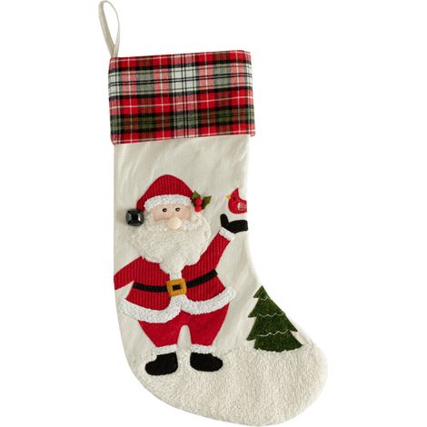 Chaussette De Noël - 46 X 18 Cm - Motif Père Noël - Bord Fluffy En Plaid - Pour Cheminée Ou Décoration Murale - 1 Pièce (1/5)