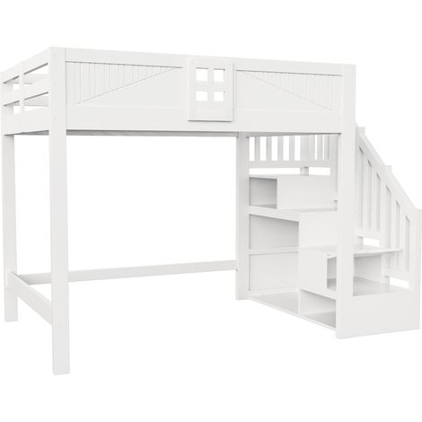 Cama alta 140 x 200 cm blanca con barandilla tipo ventana y escalera con almacenaje reversible (1/5)