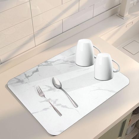 Tapis Égouttoir Vaisselle de Diatomée, Mats Absorbant Cuisine 60X40cm Séchage Absorbant Antidérapant Machine à Café Sechage de Travail Cuisine Comptoir Bar (Marbre Blanc) (1/5)