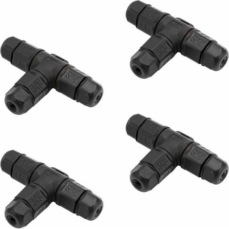 4er-Pack wasserdichte IP68 Typ T-Anschlussdosen für den Anschluss von Kabeln im Außenbereich, die Feuchtigkeit ausgesetzt sind – 3-polige Kabelverbinder, Ø 5 mm – 10 mm (1/4)