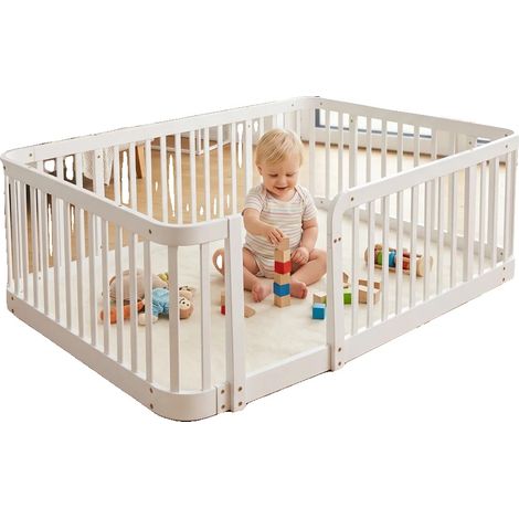 Parc pour bébé, Espacement des barres sécurisé, Coins arrondis, Blanc + Bois d'ingénierie + Chambre (1/2)