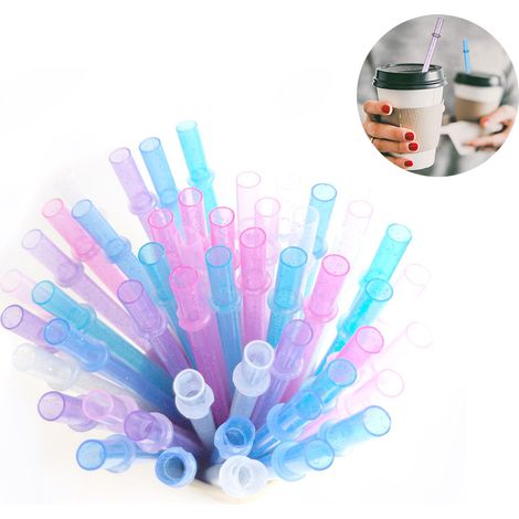 48 pailles réutilisables en plastique rigide de 28 cm, sans BPA, transparentes ou à paillettes colorées, avec goupillon de nettoyage (multicolores) (1/5)