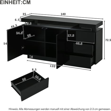 MEUBLIV Sideboard 140x35x72,5 cm schwarz – LED, 2 Türen und 3 Schubladen (1/5)