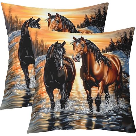 Lot de 2 Housse de Coussin 60x60 Cheval, Taie d'oreiller Chevaux, Housse d'oreiller Oil Painting Sunset Landscape, Taie Oreiller Impression d'animaux Sauvages (1/5)
