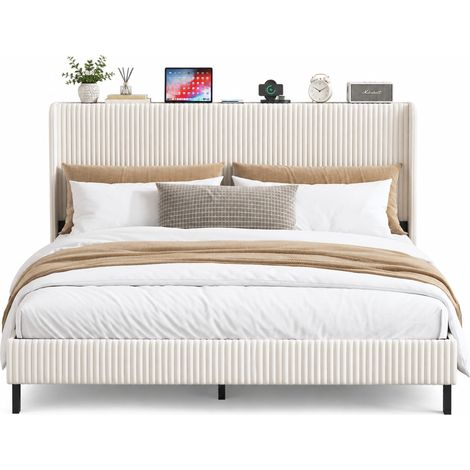 CHICFURN Struttura letto imbottita 180x200 cm beige e crema, testiera ad alette, stile moderno (1/5)