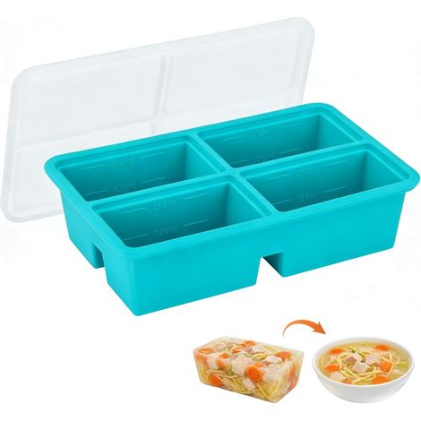 Gefrierbehälter aus Silikon für Suppen mit 4 Fächern, 250 ml Fassungsvermögen, Messmarkierungen und blauem Deckel (1/5)