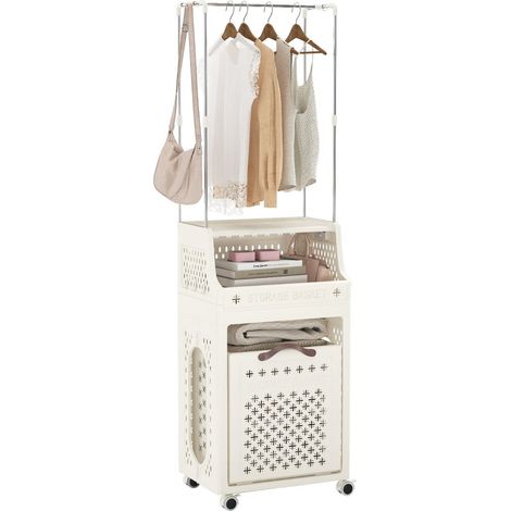 Cesta para ropa con ruedas inclinable y extraíble 40 x 29,5 x 136 cm con múltiples compartimentos de almacenamiento y 4 ruedas PP beige 200017028
