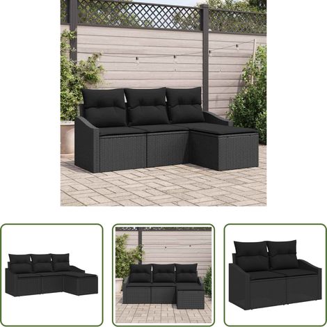 Terrassensofa - Sofa Set mit Kissen 4 pcs Schwarz Poly Rattan (1/5)