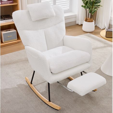 Sedia a dondolo 68,5 x 109 x 97,5 cm con poggiapiedi retrattile, cuscino per il collo, orsacchiotto bianco (1/5)