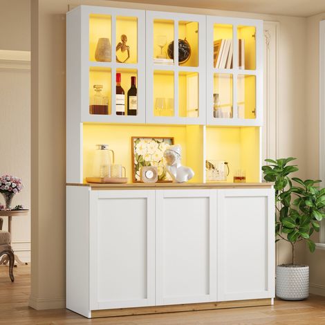 Vitrine LED 120x200 cm avec portes vitrées à cadre, rangement fermé, éclairage multicolore, meuble buffet MDF blanc effet bois pour salon et cuisine (1/5)