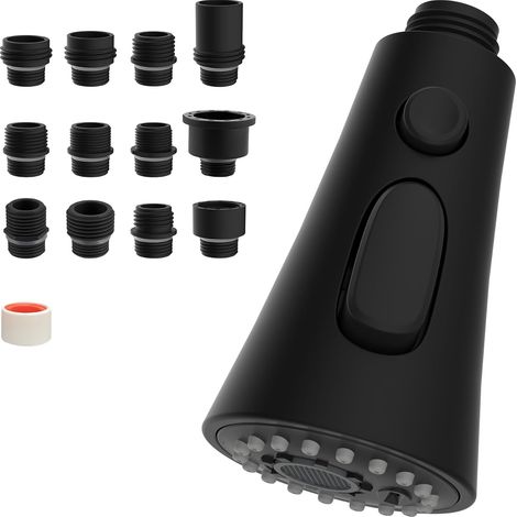 Tête de Douchette de Remplacement pour Robinet de Cuisine, 3 Fonctions avec 9 Adaptateurs, Compatibles avec les Robinets G1/2, Noir Mat (1/5)