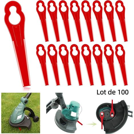 Lot de 100 lames en plastique rouge en forme de gourde pour tondeuse à gazon, lames de remplacement pour débroussailleuse, accessoire universel pour tête de coupe de jardin (1/5)