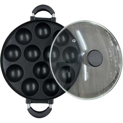 1 Poêle Takoyaki 7 trous, Alliage d'aluminium, Chauffage uniforme, Noir, Cuisinière gaz