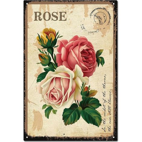 Panneau Métal en Forme Fleur pour Jardin,Plaque de Peinture Rétro en Fer,Décoration Murale,Art Mural Rose,Panneau Décoratif Suspendre pour Ferme,Campagne,Cuisine,Maison,30x20cm (1/5)