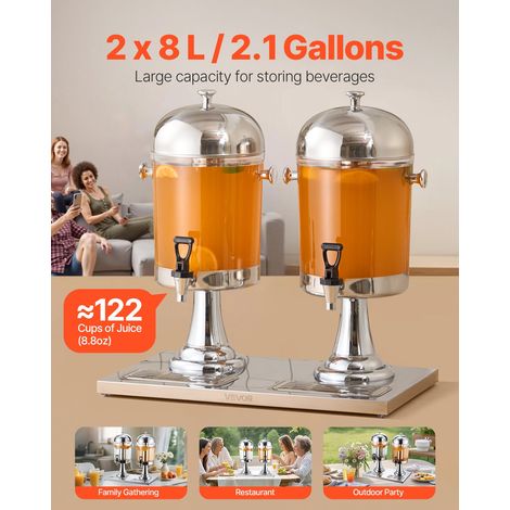 Distributeur de Boissons Capacité 2x 8 L, Fontaine à Eau en Acier Inoxydable et Plastique, avec Robinet, Compartiment à Glace et Pl… (1/5)