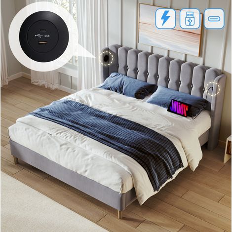 Cama tapizada 140/200 cm gris de lino con cabecero panelado y puertos USB USB-C (1/5)
