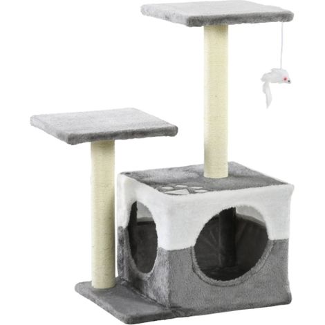 Grey Cat Tree with Sisal Scratching Posts, Cozy House, Perches, and Toy Mouse for Active Kittens (1/5)
