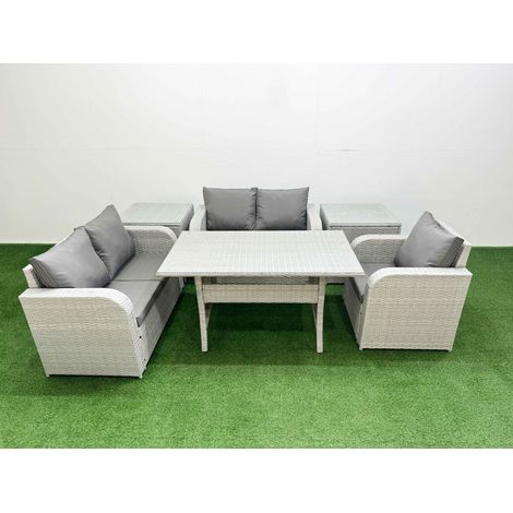 Fimous High Back Poly Rattan Garden Furniture Set with Reclining Chair Loveseat Sofa Rectangular Dining Table Indoor Outdoor Patio Set 2 Side Table Light Grey (1/4)
