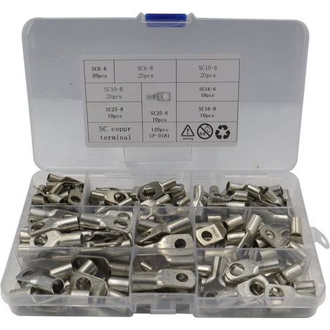120 pièces - Cosses de câble - Cosse de câble - Cosses de câble - Embouts de câble - 6 mm², 10 mm², 16 mm², 25 mm² - Bornes de connexion pour batterie de voiture, moto - Cuivre étamé - Avec compartime (1/5)