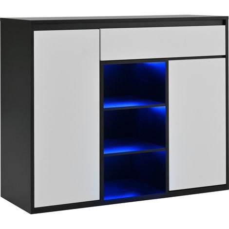 Scarpiera moderna con 2 ante e cassetto, LED, nero e bianco, 105 x 39,5 x 86 cm (1/5)