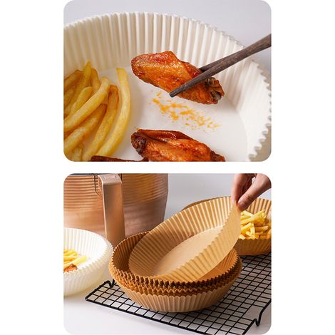 Packung mit 50 antihaftbeschichteten Backpapierscheiben für Heißluftfritteusen, hitzebeständig, ölfreies Kochen, Aufbewahrungsbox (1/5)