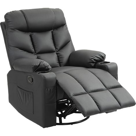 Manual Reclining Chair, Recliner Armchair with Swivel, Faux Lear, Footrest, Cup Holders, 86x93x102cm, Black (1/5)