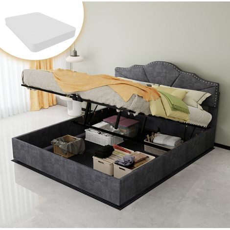 Bett modern gepolstert Stoff Grau 160x200 cm mit geometrischem Kopfteil und Bettkasten mit Gasdruckfeder, Matratze inklusive