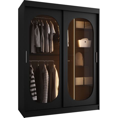 Armario Hartford 519, Negro, 200x150x62cm, Puertas de armario: Correderas, Número de estantes: 5, LED