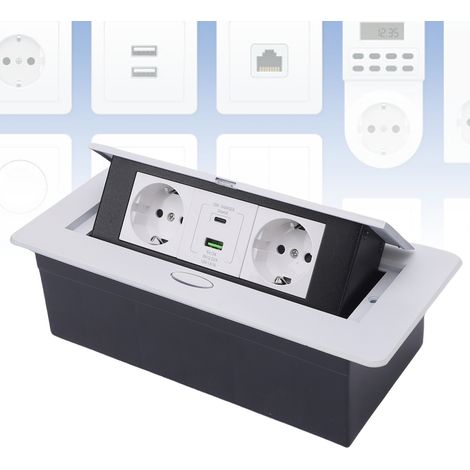 Prise européenne standard blanche à deux broches avec ports USB et Type-C, charge rapide 20 W, USB Type-C, prise de bureau escamotable cachée, 250 V. (1/5)