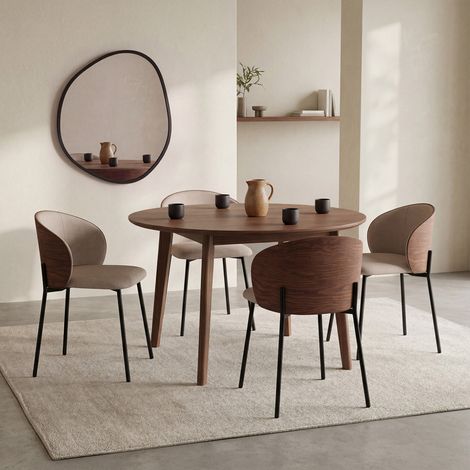 Lote de 4 sillas de comedor PENNY de tela de color topo con respaldo de efecto nogal claro (1/5)