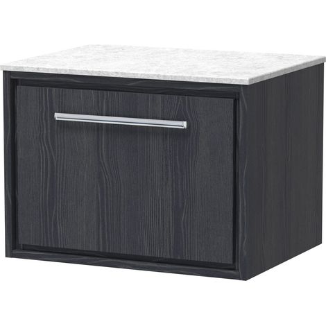 Longnor 1 Drawer Wall Hung Vanity Unit with White Marble Worktop, Woodgrain Graphite Grey, 600mm