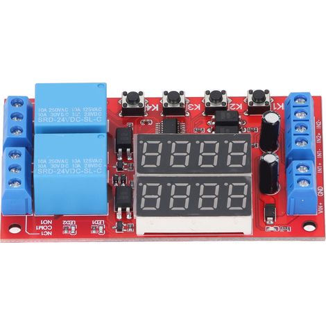 Module relais 2 canaux 24 V avec affichage LED, temporisation, verrouillage automatique et minuterie multifonction pour la domotique et la commande automatique. (1/5)